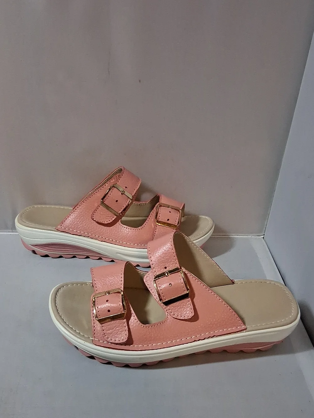 Pink and white 2 strap sandals, size 7
